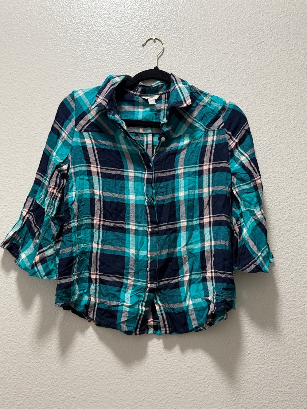 Women’s Teal & Navy Plaid Button-Down Shirt with Ruffle Sleeves